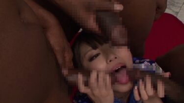 Image of Japanese pornstar Ayu giving a blowjob to black men